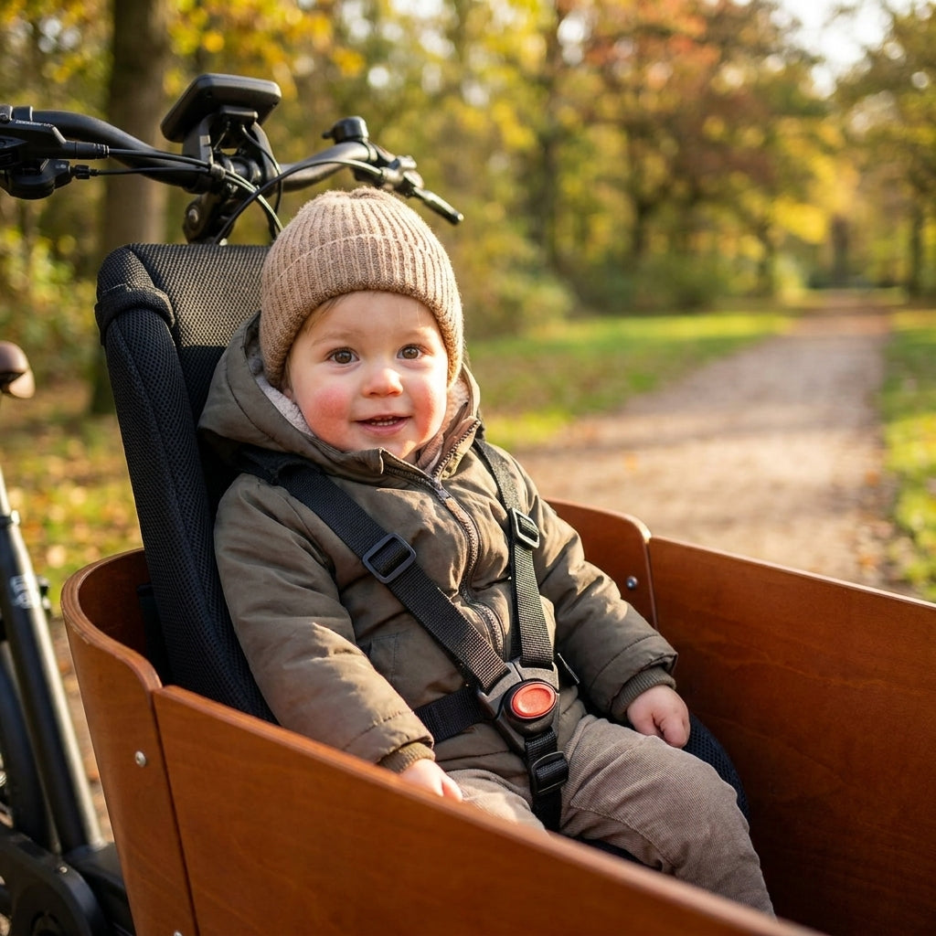 Melia Kleinkindersitz SC2&3 im Lastenrad mit lachendem Kleinkind, sicher und bequem im Herbst.