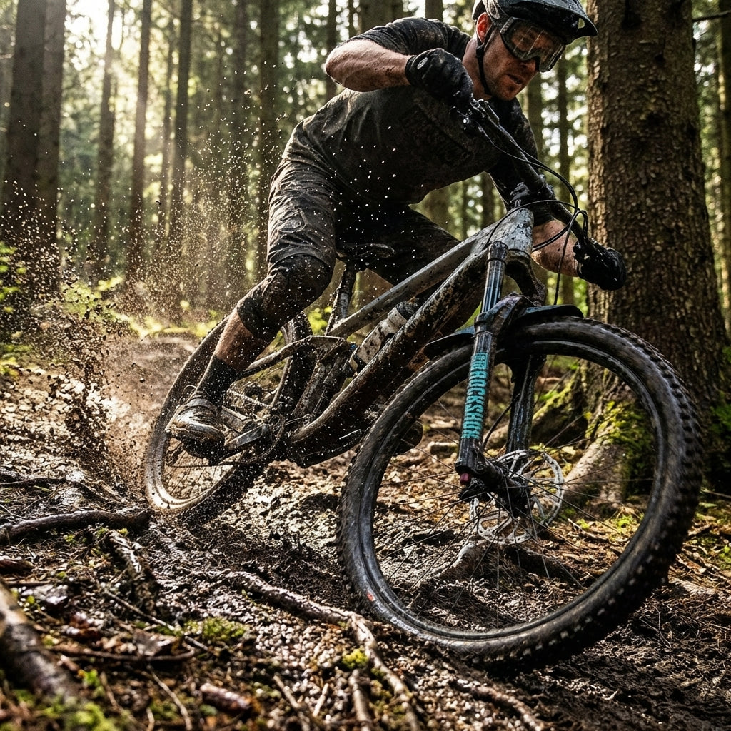 Rockshox VR-Steckblech Fender schwarz teal am Mountainbike, durch Schlamm spritzend im Wald.