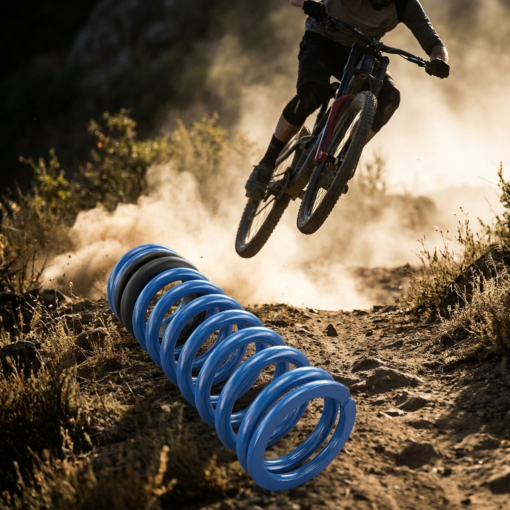 RockShox Feder BOXXER COIL hart blau. Mountainbiker springt auf staubiger Downhill-Strecke im Hintergrund.