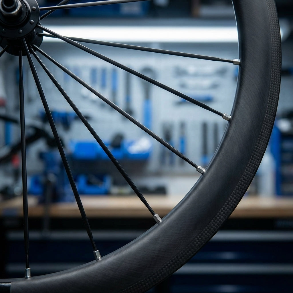 SRAM schwarze Speichen und silberne Nippel S80 an Carbon-Aero-Laufrad im Fahrrad-Workshop.