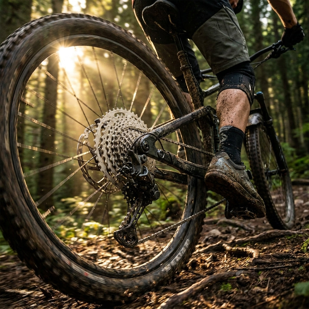 Schmutzige SHIMANO DEORE CS-M4100 10-fach 11-46Z MTB Kassette am Mountainbike im sonnigen Wald.