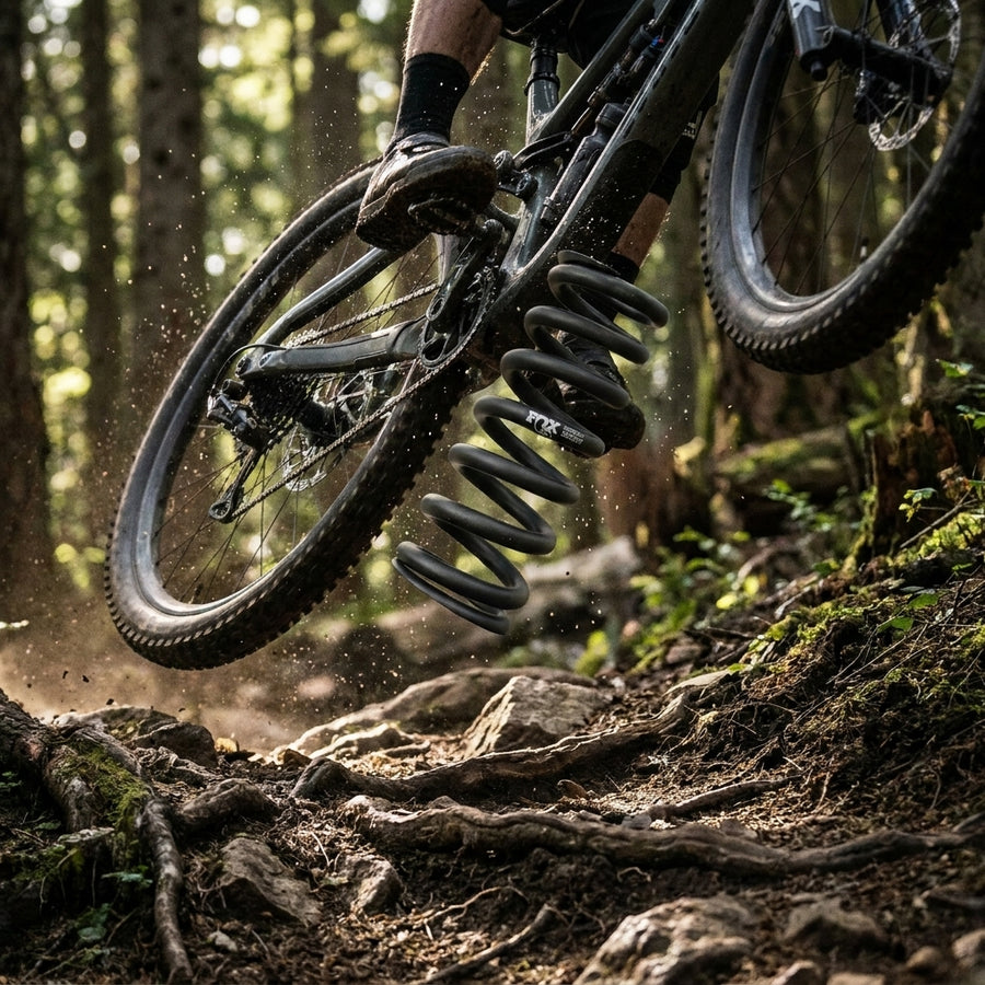 FOX Super Light Stahlfeder MTB 72 am Mountainbike-Dämpfer in Aktion auf Wurzelweg im Wald.