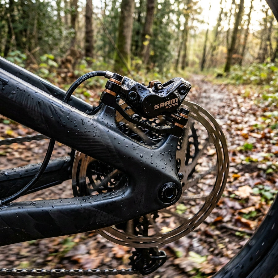 SRAM Motive Bronze 4-Kolben Scheibenbremse hinten mit Stealth Hose für XC & Trail. Leistungsstarke Fahrradbremse mit edlem Design.