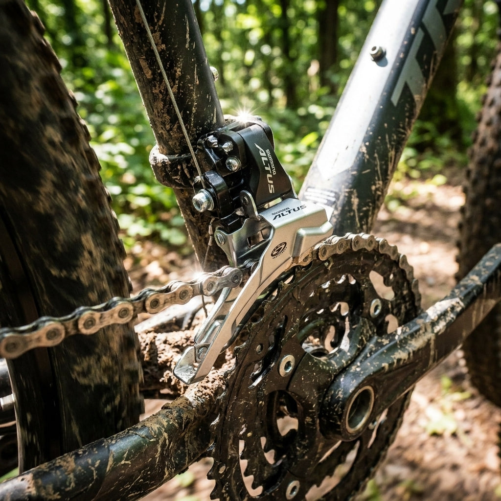 Shimano Altus FD-M370 3-fach Umwerfer an schlammigem MTB für präzise Frontschalt-Performance.