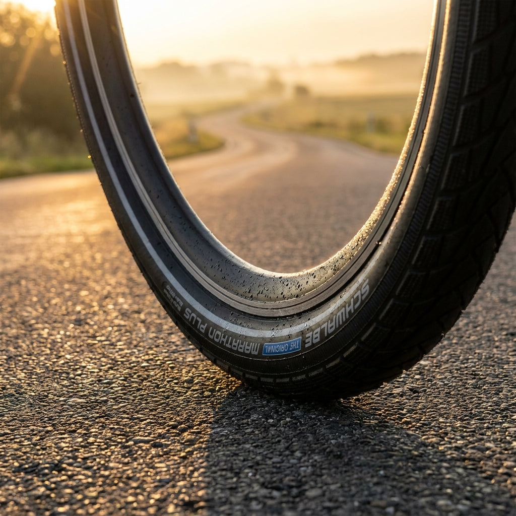 Schwalbe Marathon Plus Fahrradreifen mit Tautropfen auf einer Asphaltstraße im goldenen Morgenlicht.