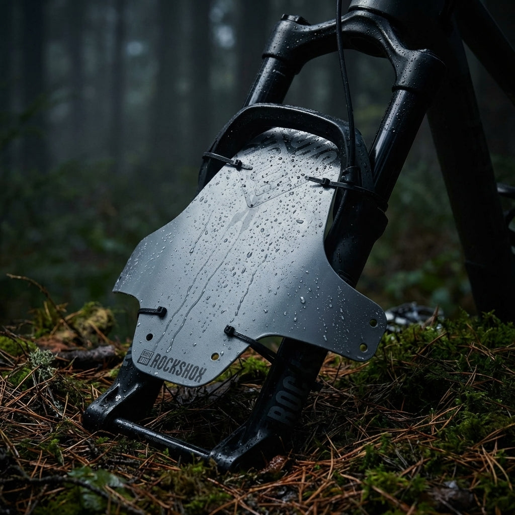 Rockshox VR-Steckblech Fender stealth an Fahrradgabel im Wald, nass mit Wassertropfen.