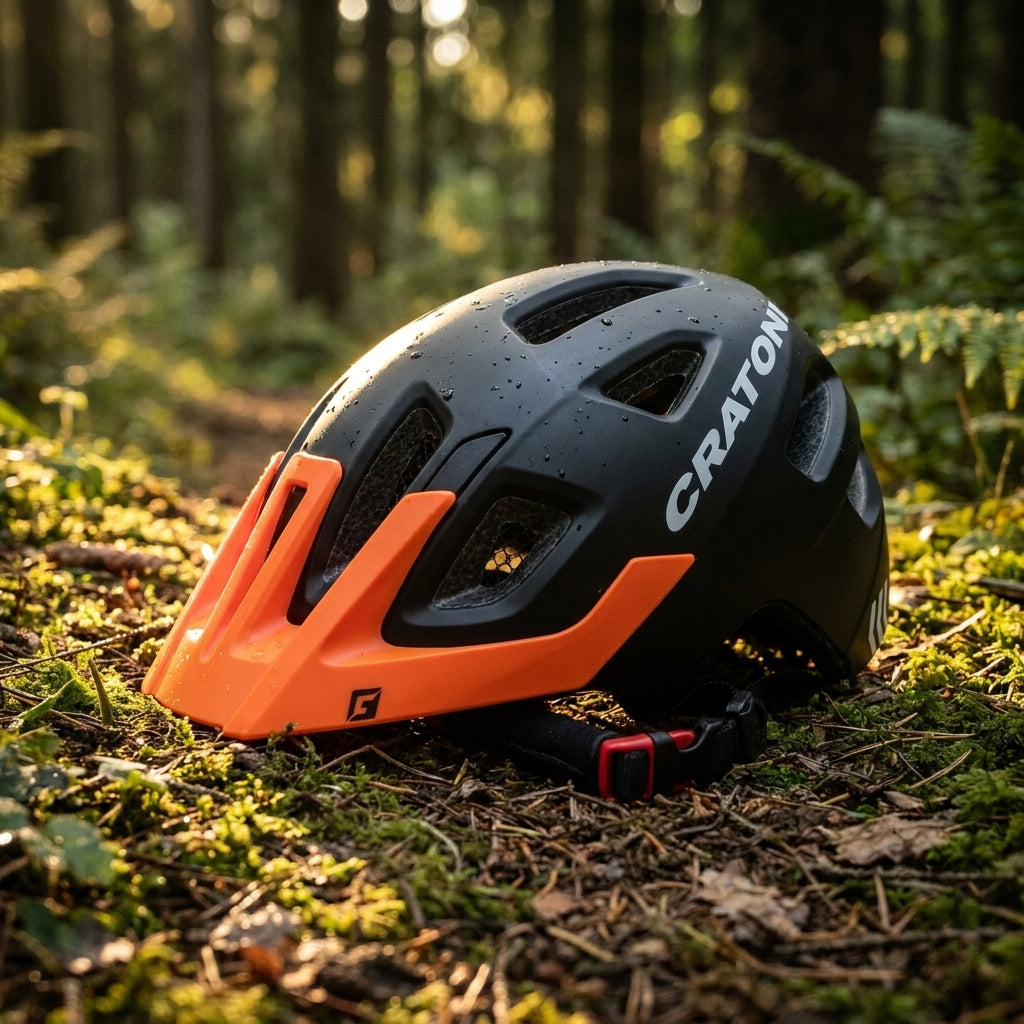 Cratoni Fahrradhelm Maxster Pro Kid schwarz orange matt auf moosigem Waldboden mit Wassertropfen.