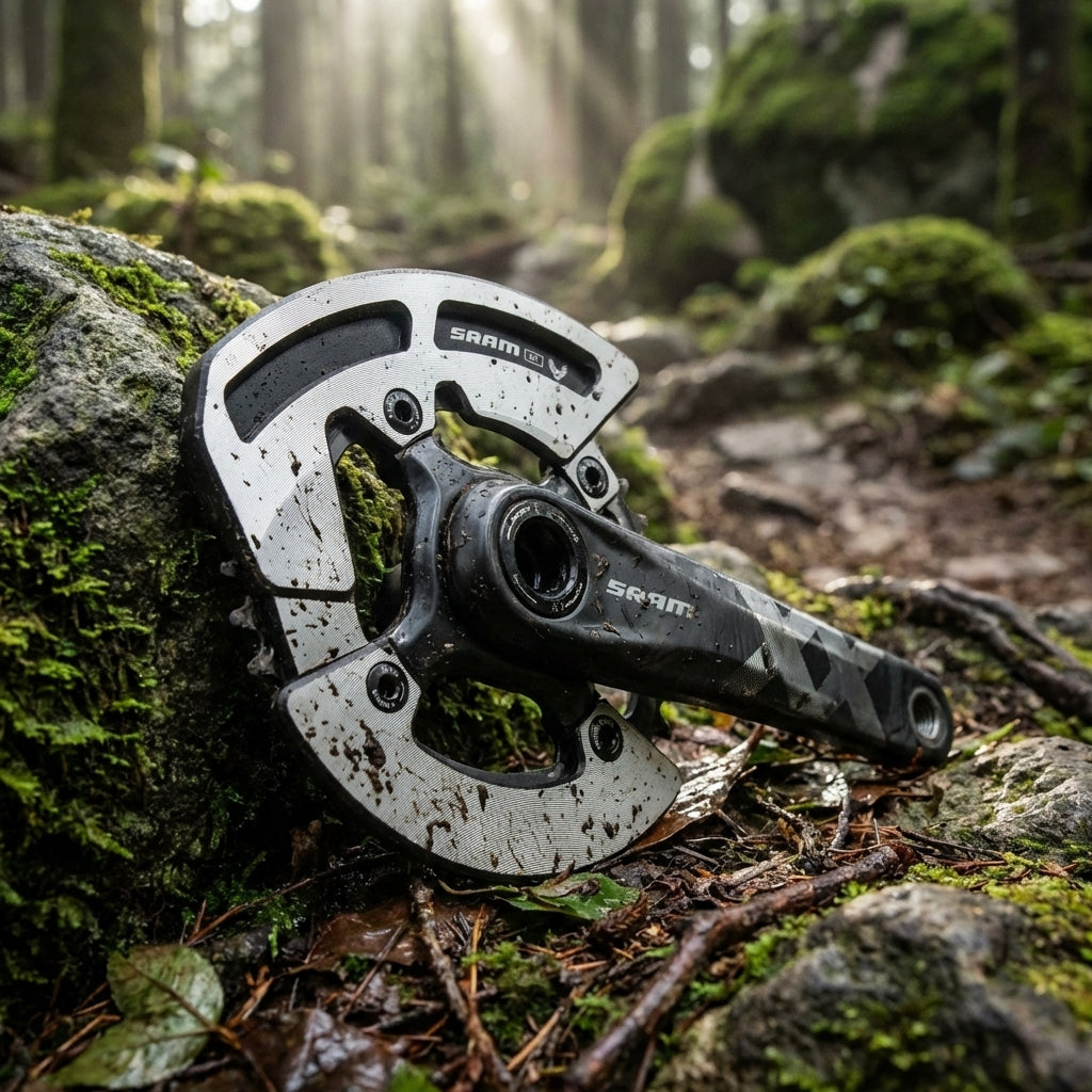 SRAM Bashguard XX 34T Kettenschutz auf moosigem Waldboden für anspruchsvolle MTB-Einsätze.