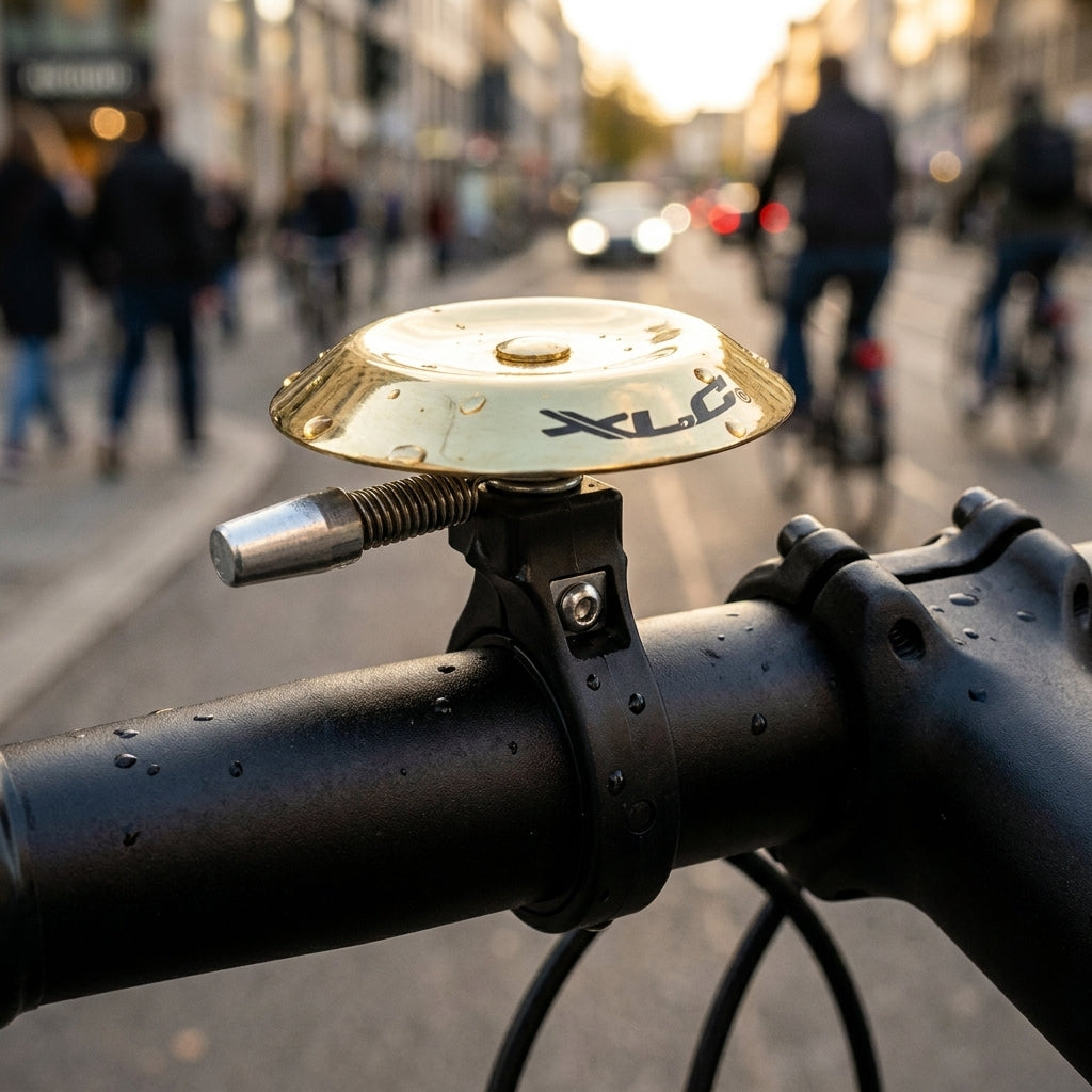 XLC Miniklingel DD-M21 Ø 47mm gold auf nassem Fahrradlenker in belebter Stadt.