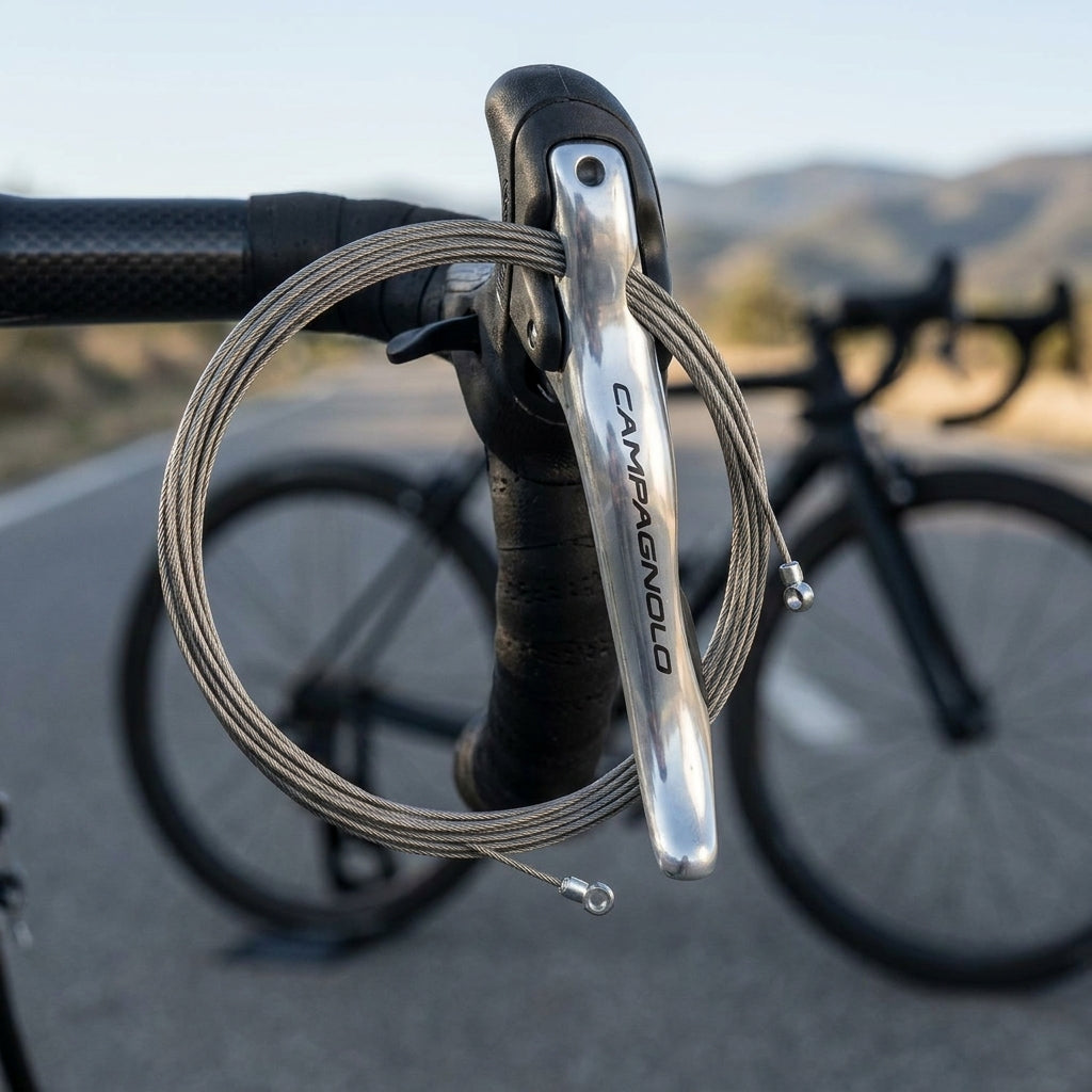 Silberner Campagnolo Schaltzug Niro für Ergopower-Schalthebel am Fahrrad-Lenker.