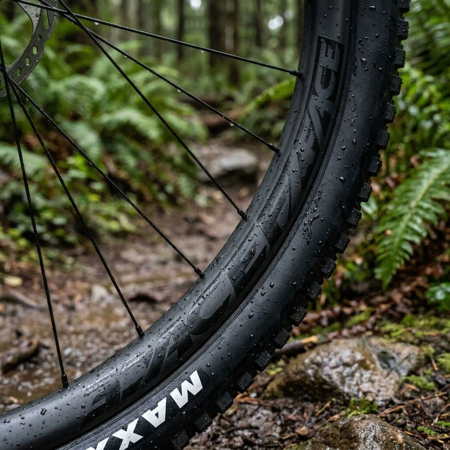 Race Face Laufrad mit schwarzen Decals auf nassem Mountainbike-Rad im Wald. Wassertropfen auf Reifen und Felge.