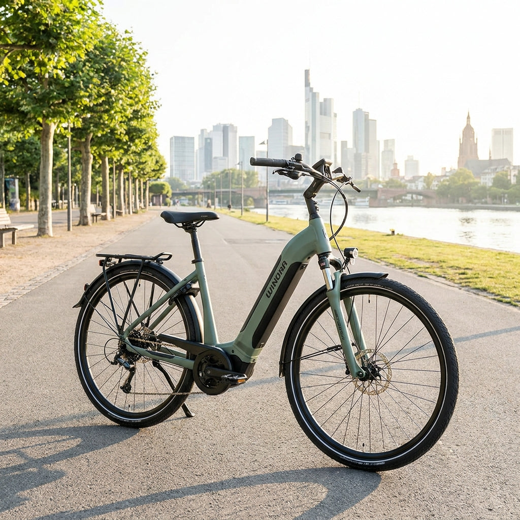 Winora TRIA X9 LOW E-Bike 'muted mantis'. Komfortabler Tiefeinsteiger mit 500Wh Akku für City und Tour.