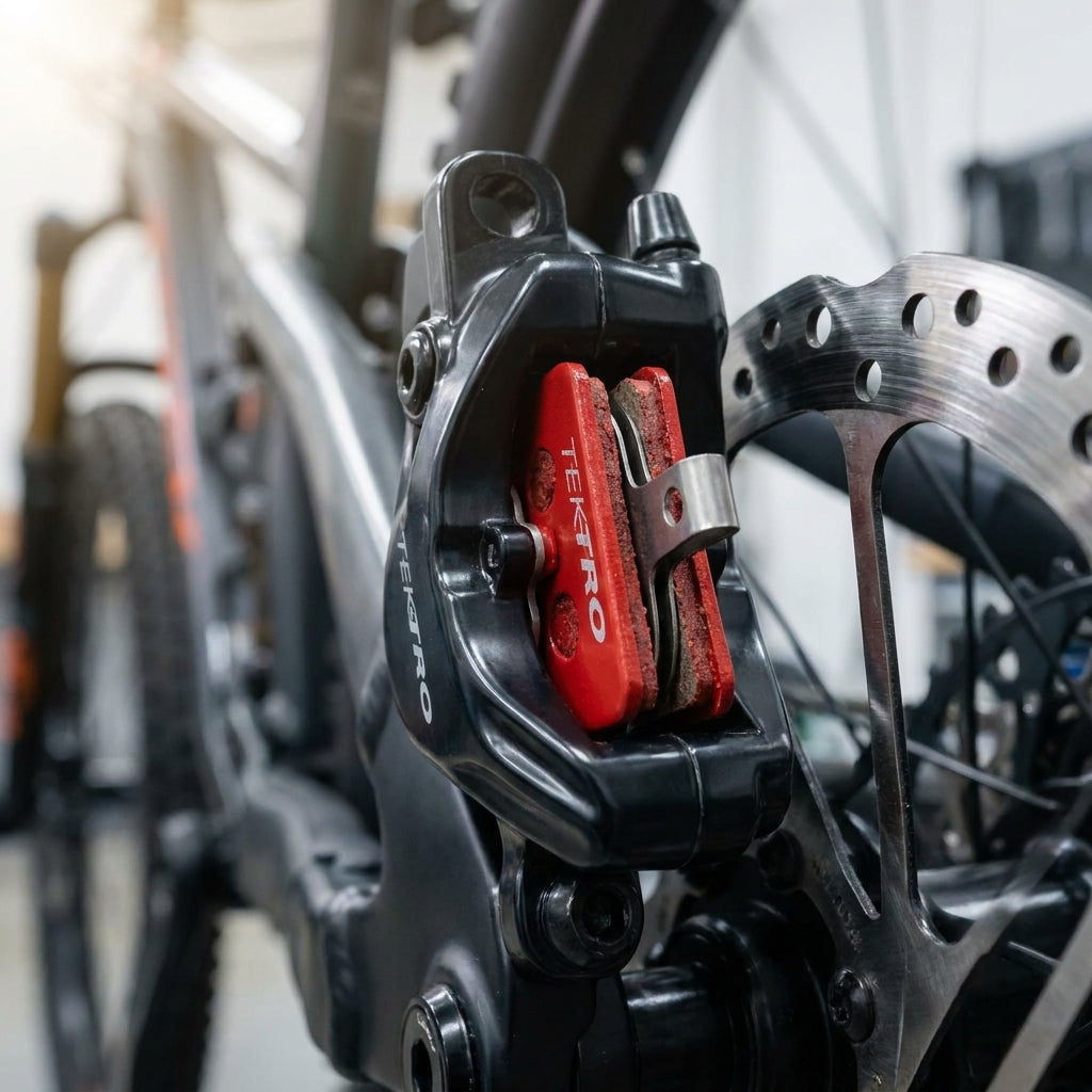 Rote TEKTRO Scheibenbremsbeläge für Volans, Auriga Twin. Verbessern Bremsleistung und Sicherheit auf dem Fahrrad. Hochwertiges Resin-Material.