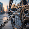 SHIMANO Kette CN-E6090 10-fach E-Bike Kette SIL-TEC, 138 Glieder am Fahrrad im Stadtbild mit Sonnenlicht.