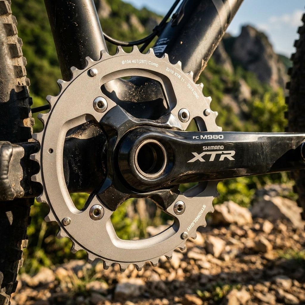 Stronglight Kettenblatt für Shimano 2x10 XTR FC M980 MTB Kurbelgarnitur auf einem Mountainbike.