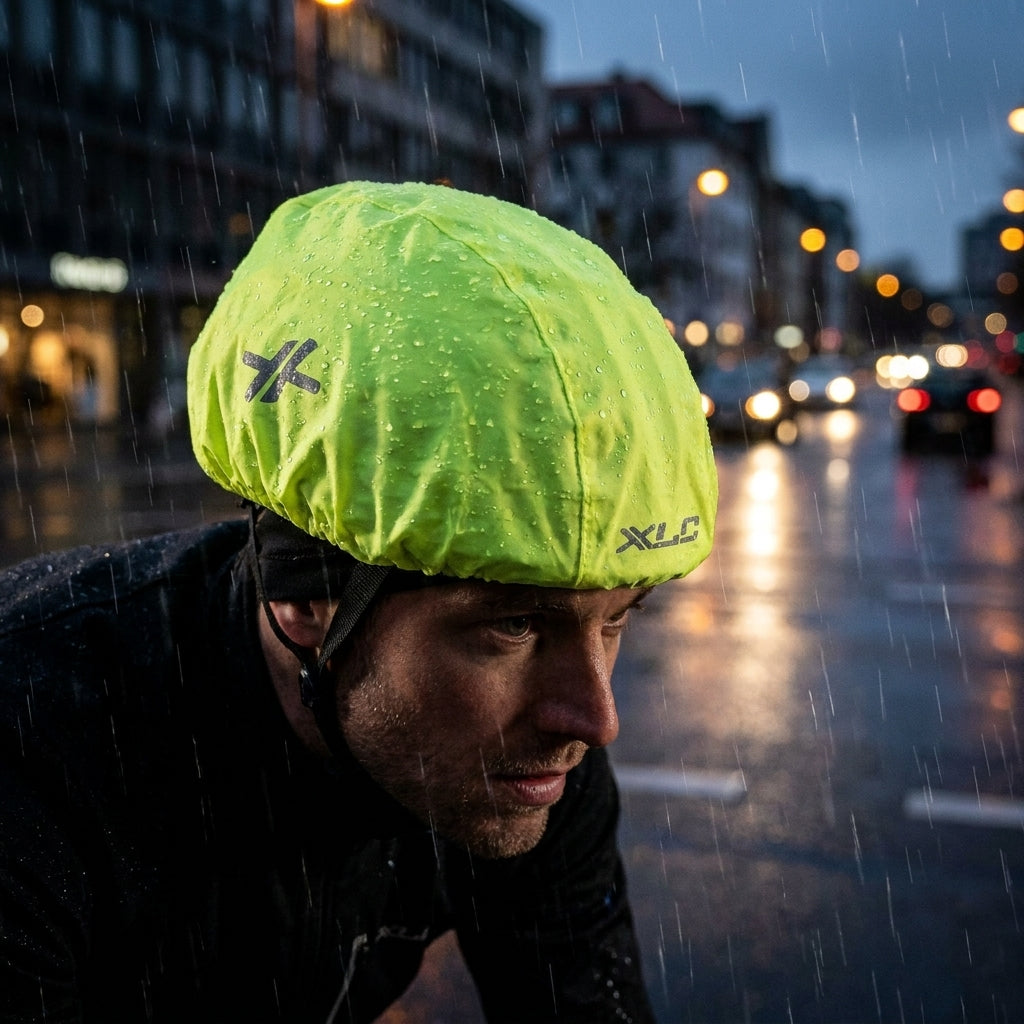 Gelbe XLC Helm-Regenhaube schützt Radfahrer im Regen. Wasserdichte Regenhülle für Fahrradhelm.