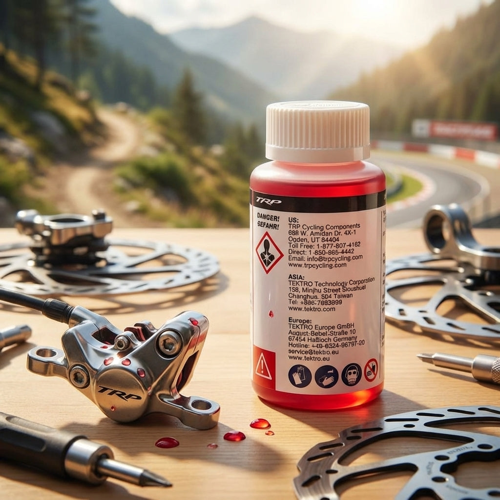 TRP Mineralöl Bremsflüssigkeit 100ml rot, 270°C Siedepunkt, niedrige Viskosität, mit Fahrradbremsen und Werkzeug.