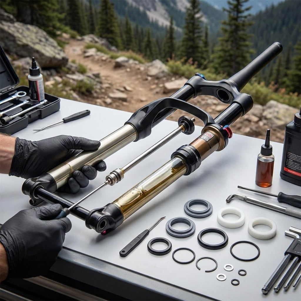 RockShox Recon RL Boost A1 Federgabel Service-Kit (2018+). Wartung einer Mountainbike-Gabel mit Dichtungen, Öl und Werkzeug.
