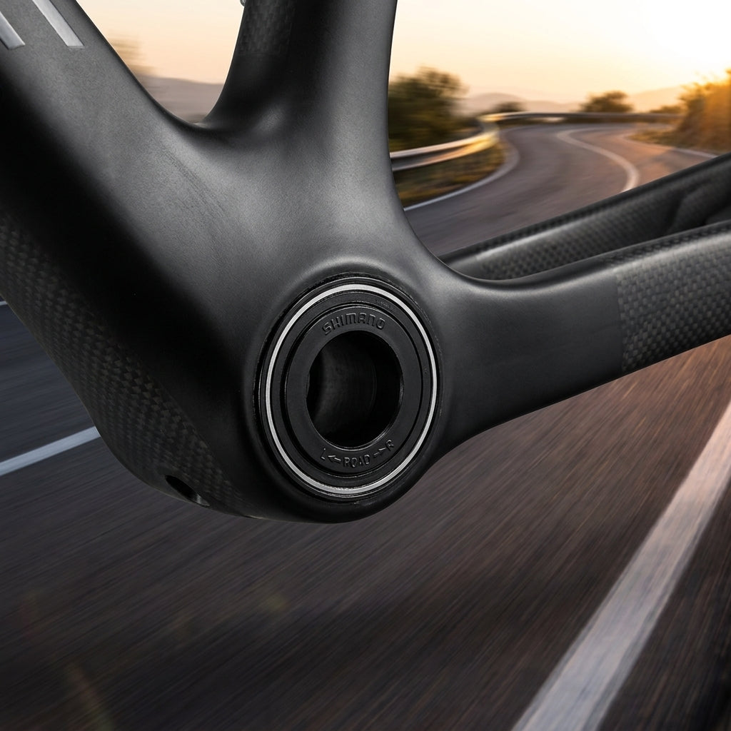 SHIMANO BB72 Press-Fit Innenlager im modernen Fahrradrahmen, optimiert für effiziente Kraftübertragung auf kurviger Straße.