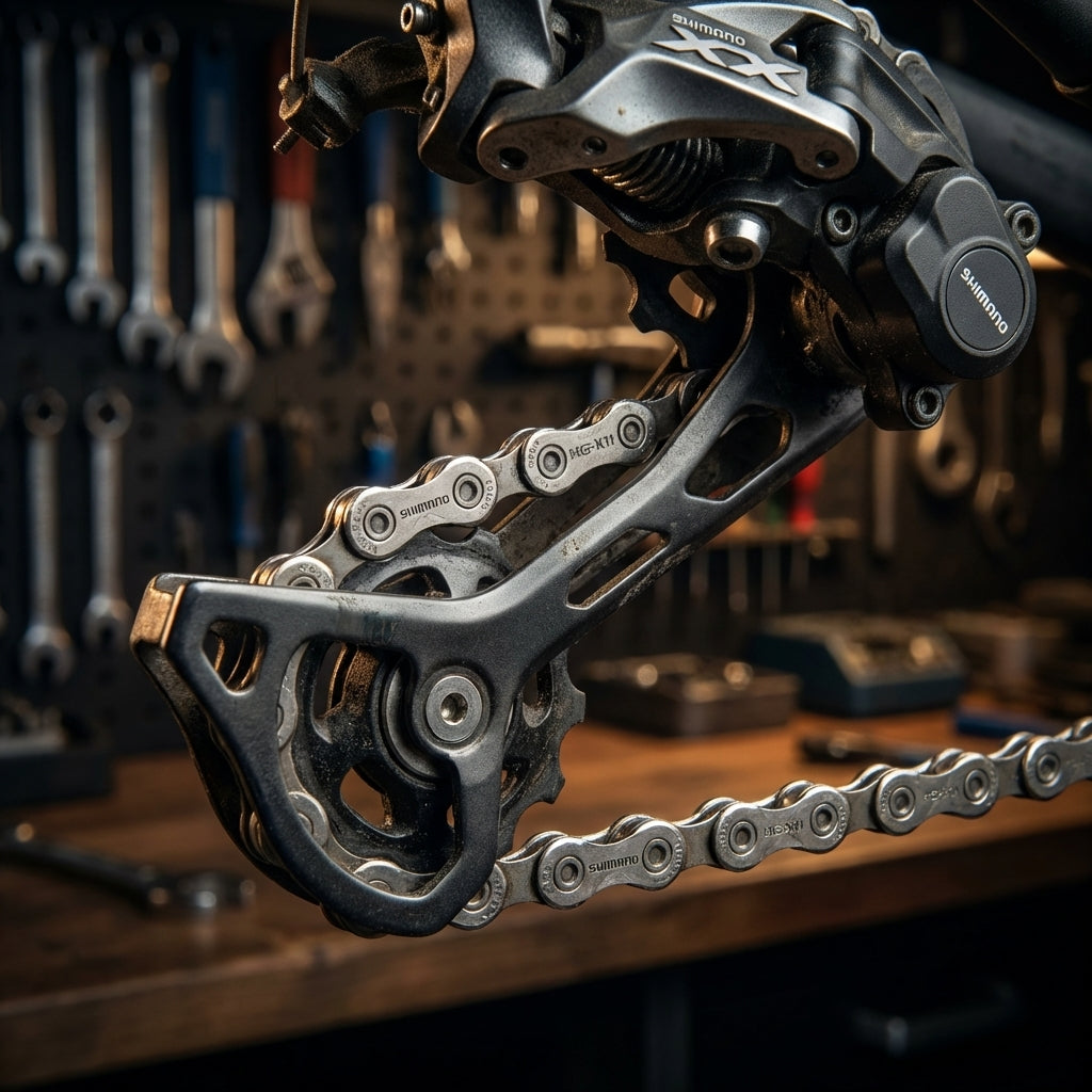 Shimano SLX CN-HG701 11-fach Kette mit 116 Gliedern montiert am Schaltwerk für HG/CUES Antriebe.