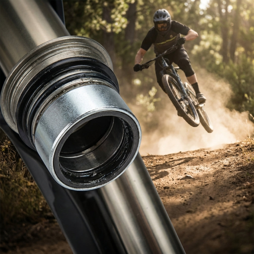 Obere SR-Suntour Führungsbuchse SF18 XCM34-RL Detail an Federgabel mit Mountainbike-Action im Hintergrund.