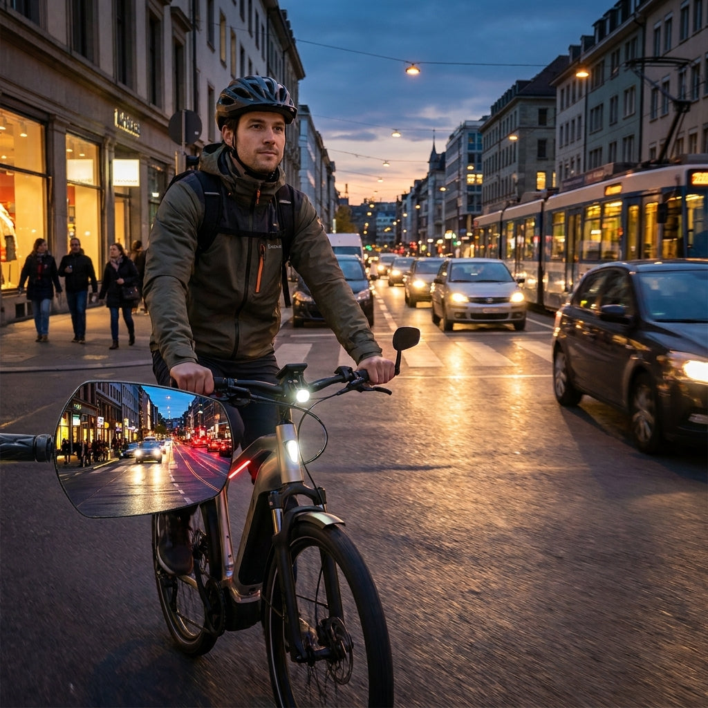 Zéfal ZL Tower 80 Fahrradspiegel am Lenker, Radfahrer in Stadt bei Nacht, Verkehr im Spiegel sichtbar.