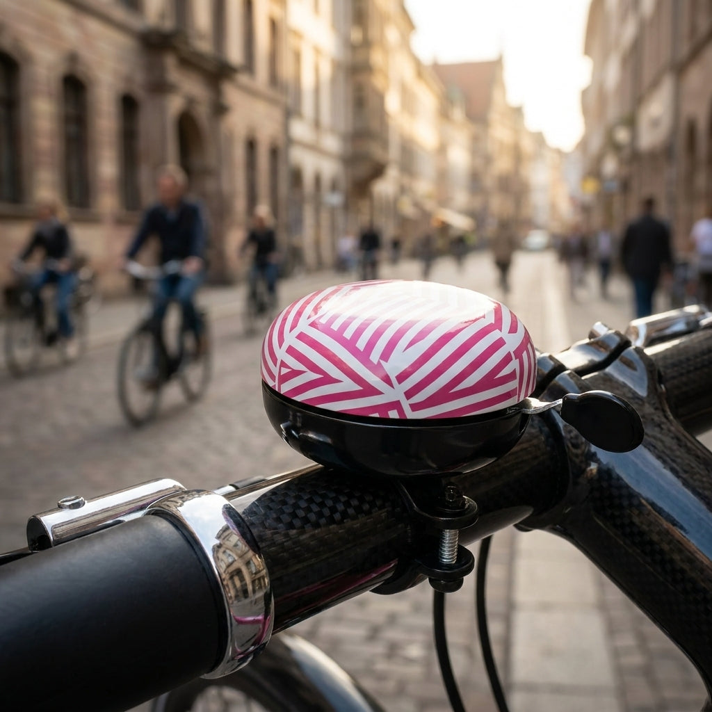 XLC Fahrradklingel Mingun DD-M09 Stripes Ø83mm berry weiß am Fahrradlenker, belebte Stadt im Hintergrund.