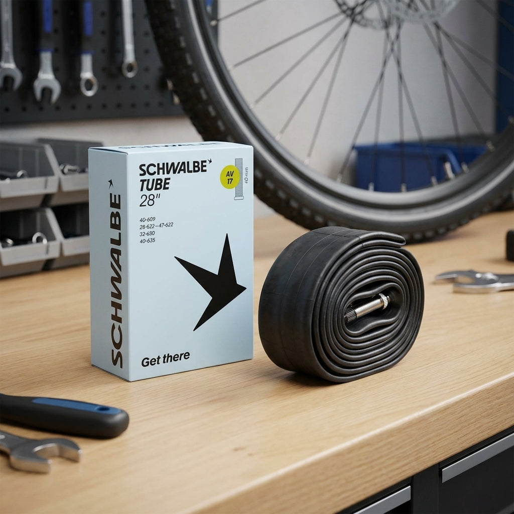 Schwalbe SCHLAUCH AV17 28 Zoll (28/47-622) mit 40mm Ventil auf Werkbank für Trekkingräder.