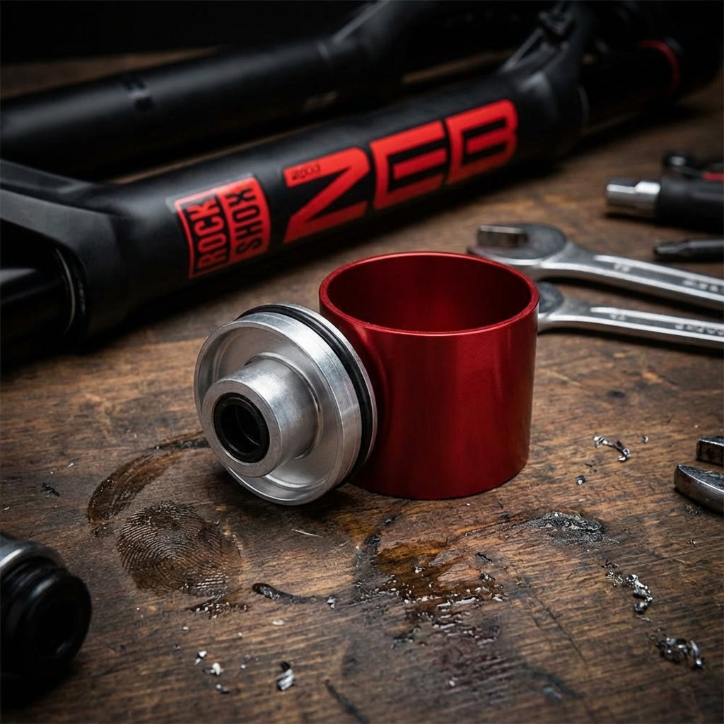 RockShox ZEB DebonAir 38mm Dämpferkopf Upgrade Kit silber auf Werkbank neben Fahrradgabel.
