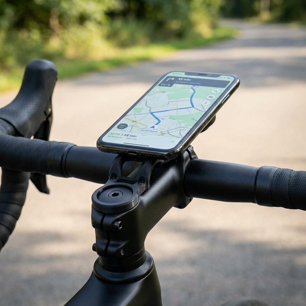 Fahrradlenker mit Humpert/Ergotec Vorbaukappe inkl. Smartphone-Halterung für Rad-Navigation.