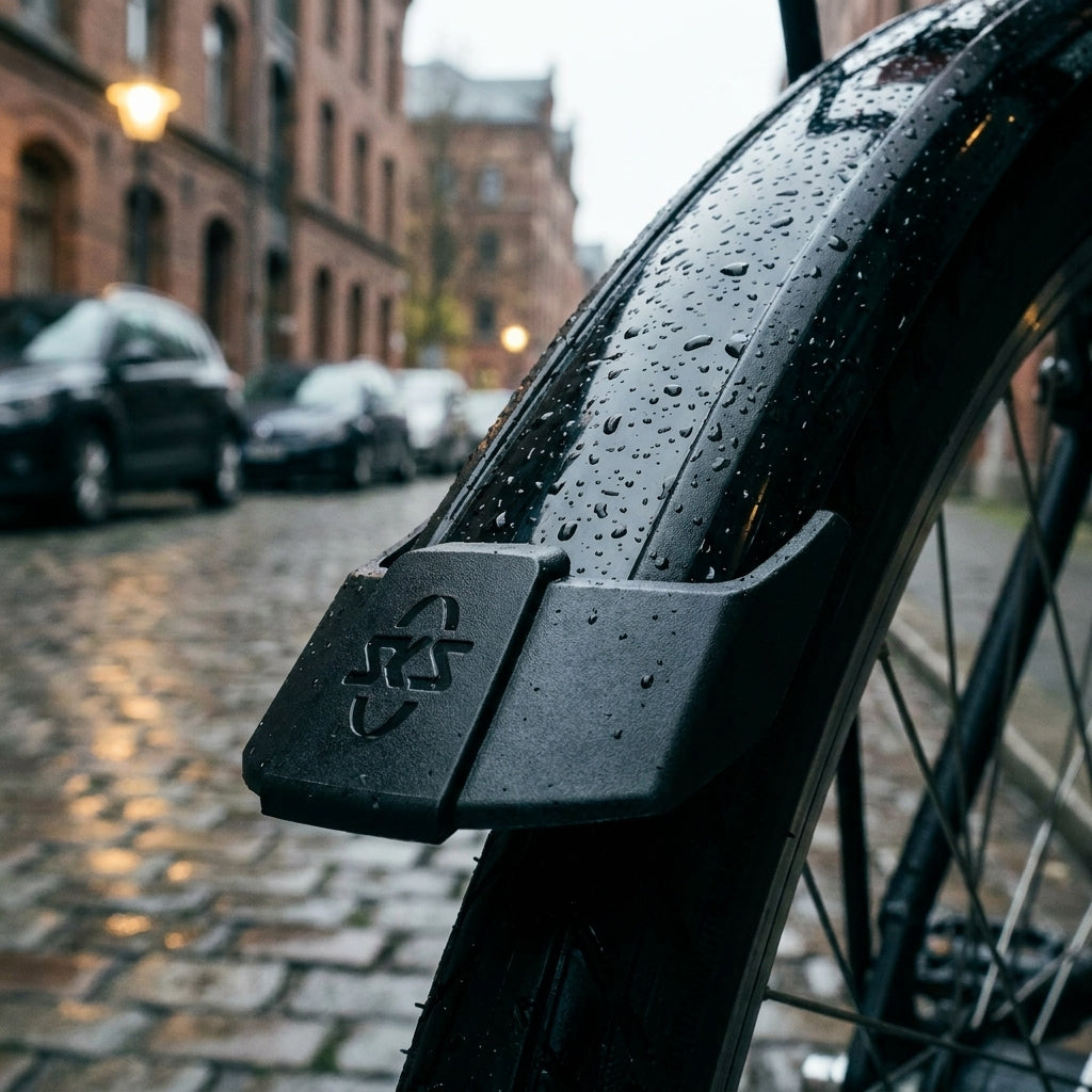 SKS Bluemels Style Kantenschoner am Fahrradschutzblech mit Regentropfen auf nasser Kopfsteinpflasterstraße.