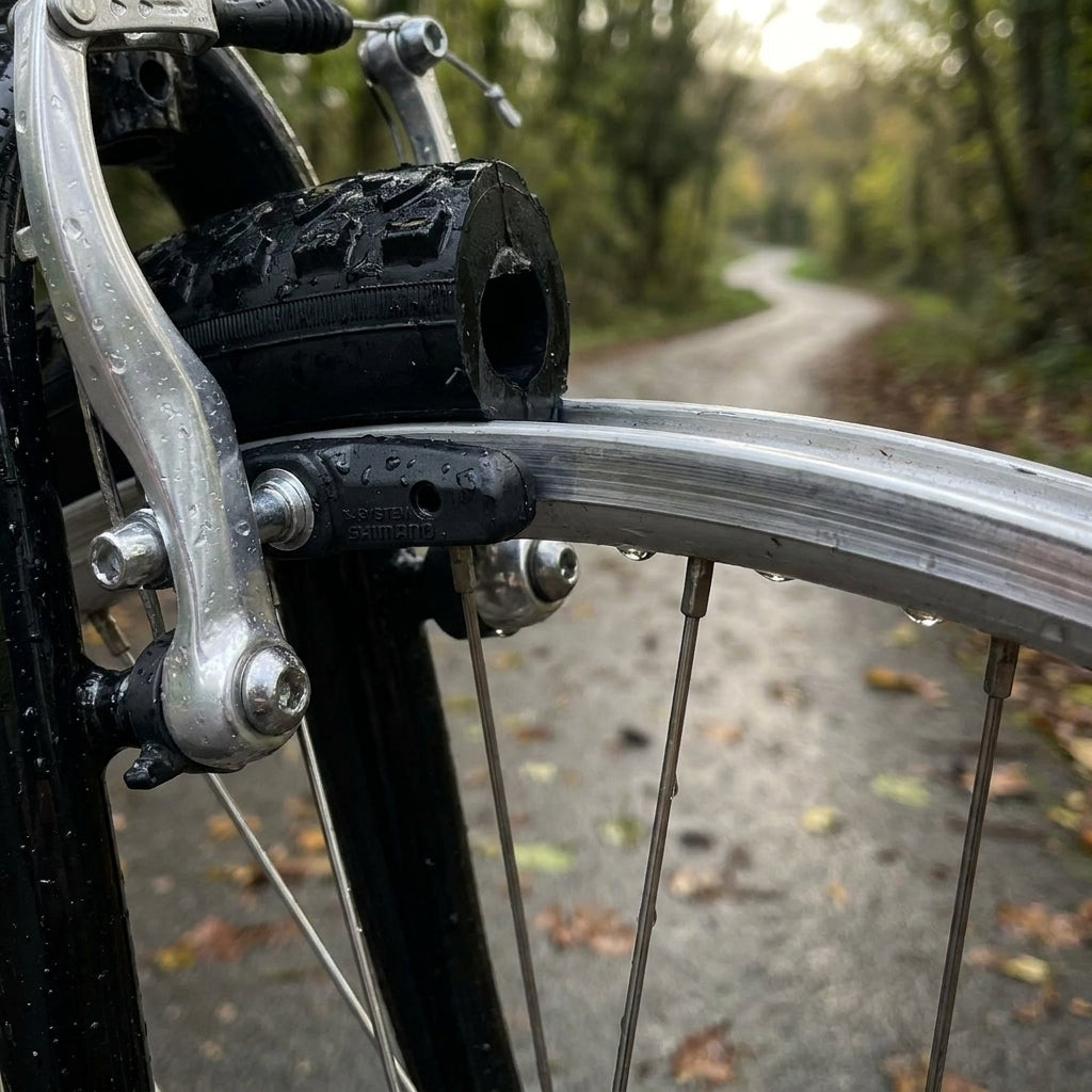 Shimano M70T2 Bremsschuhe am Rad mit Wassertropfen für zuverlässige Bremsleistung bei Nässe.