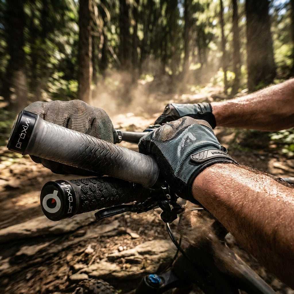 Prologo Proxim X-Shred ergonomische Offroad-Lenkergriffe in Schwarz am Mountainbike in Aktion auf Waldweg.