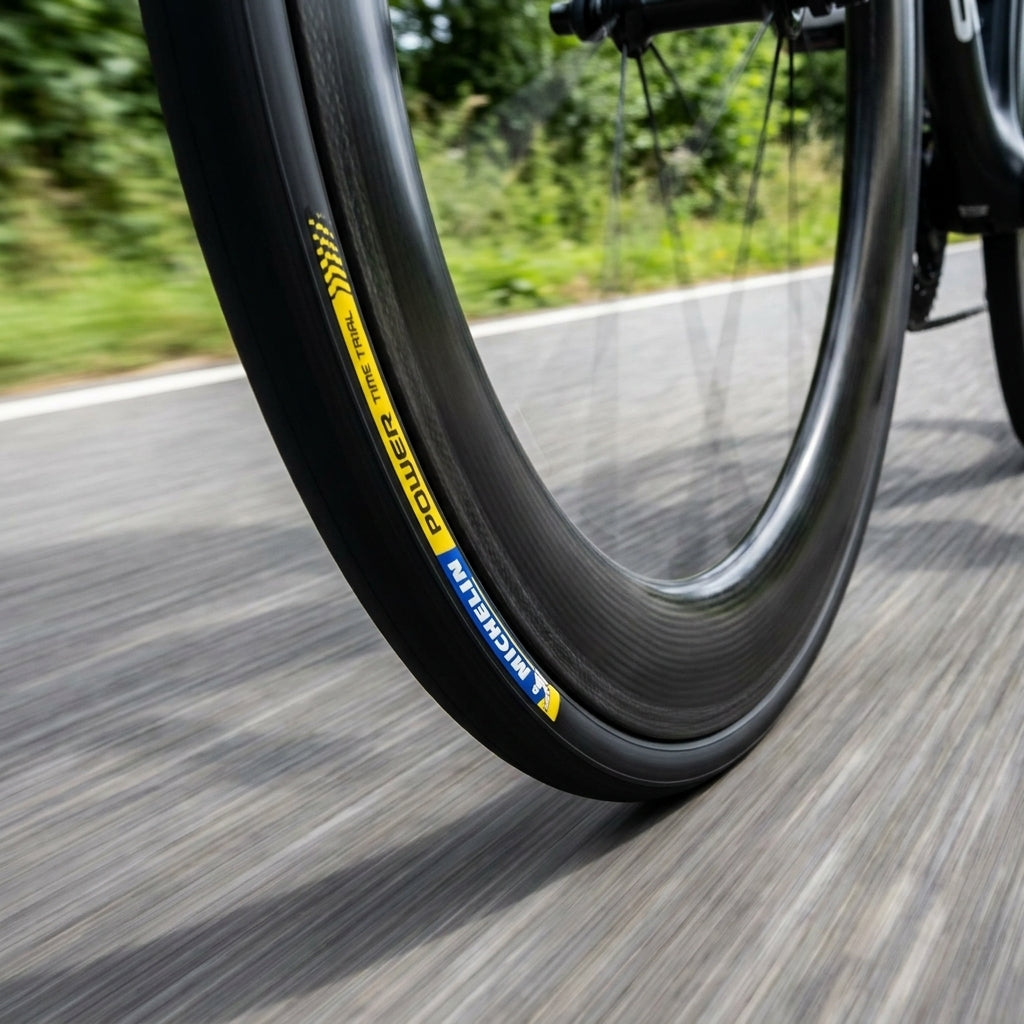 Michelin Power Time Trial Faltreifen 25-622 schwarz am Rennrad in Bewegung auf Asphalt.