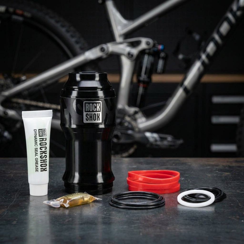 RockShox Air Can Upgrade Kit Deluxe/SDeluxe MegNeg mit Dichtungen, Fett und Öl vor Mountainbike.