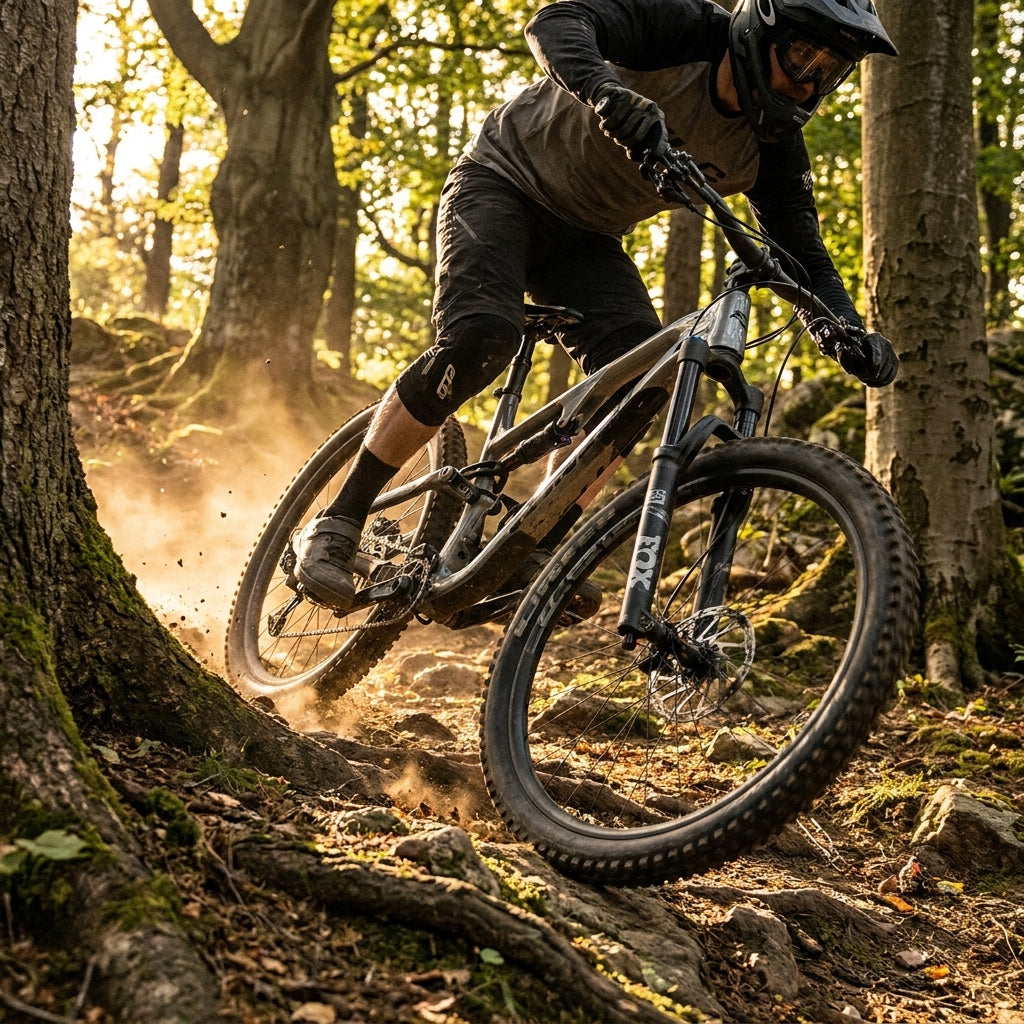 Mountainbiker mit XLC All Mtn Teleskopsattelstütze SP-T05 auf felsigem Waldweg, Staub aufwirbelnd.