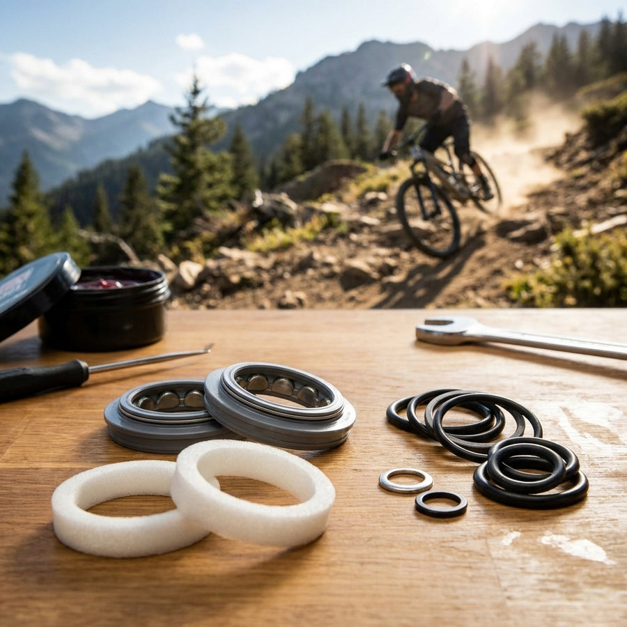 Rockshox Boxxer Revelation Gabel Service Kit Basic 2012 mit Dichtungen und Schmierfett, Biker fährt Mountainbike.