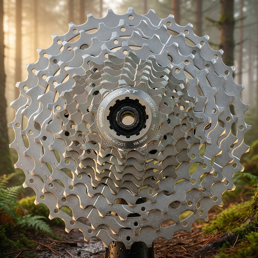 SHIMANO DEORE XT CS-M771 10-fach 11-34Z MTB Kassette, silber, vor grünem Waldhintergrund.