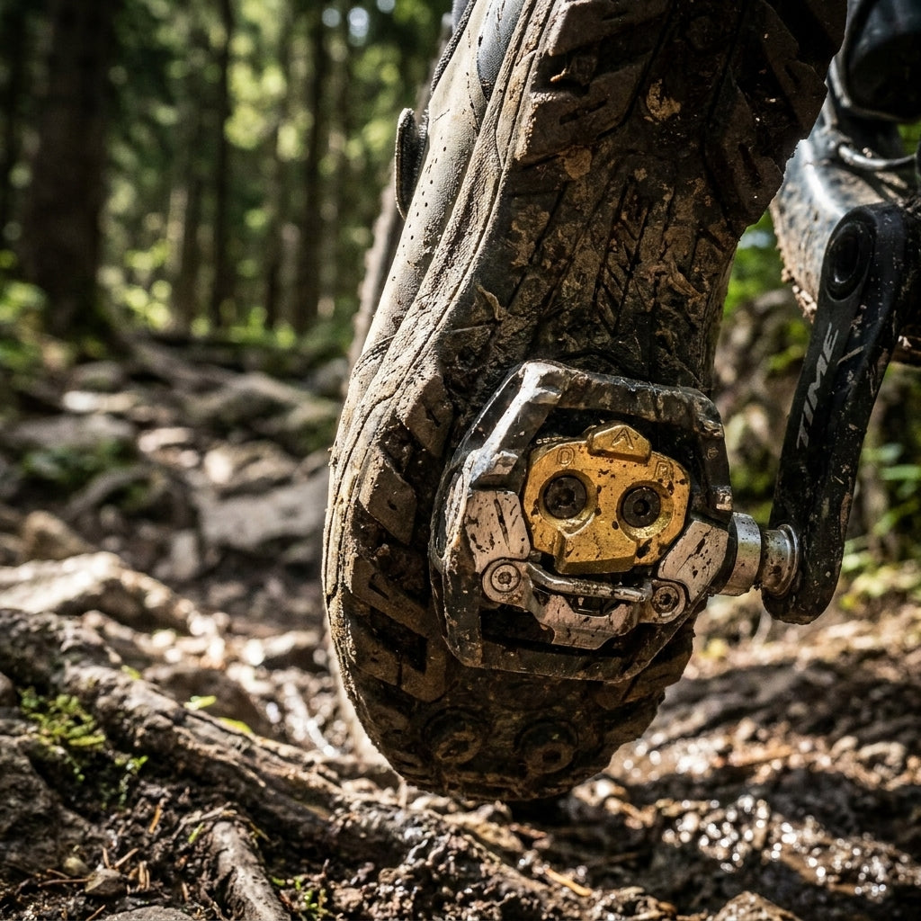 Schlammiger Mountainbike-Schuh mit goldener TIME Pedalplatte Easy 10 ATAC 10° Release auf Waldweg.