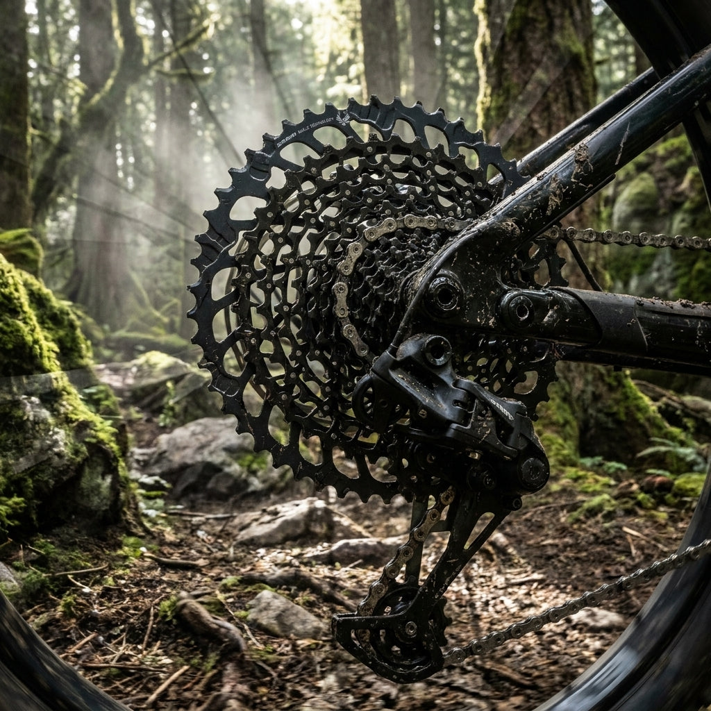 SRAM Kassette XG-1275 GX Eagle 10-52T am Mountainbike im schlammigen Wald. Große Bandbreite für anspruchsvolles MTB.