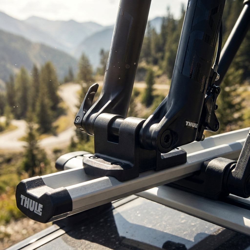 Thule 3D Dropout Adapter 10mm Spacer für Fahrradgabel auf Dachträger mit Bergblick.