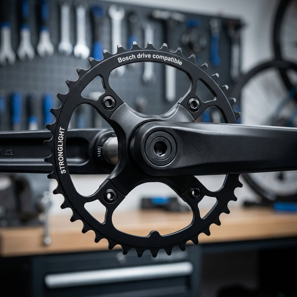 Stronglight Kettenblatt für Bosch E-Bike, schwarz, 4-Arm Design.