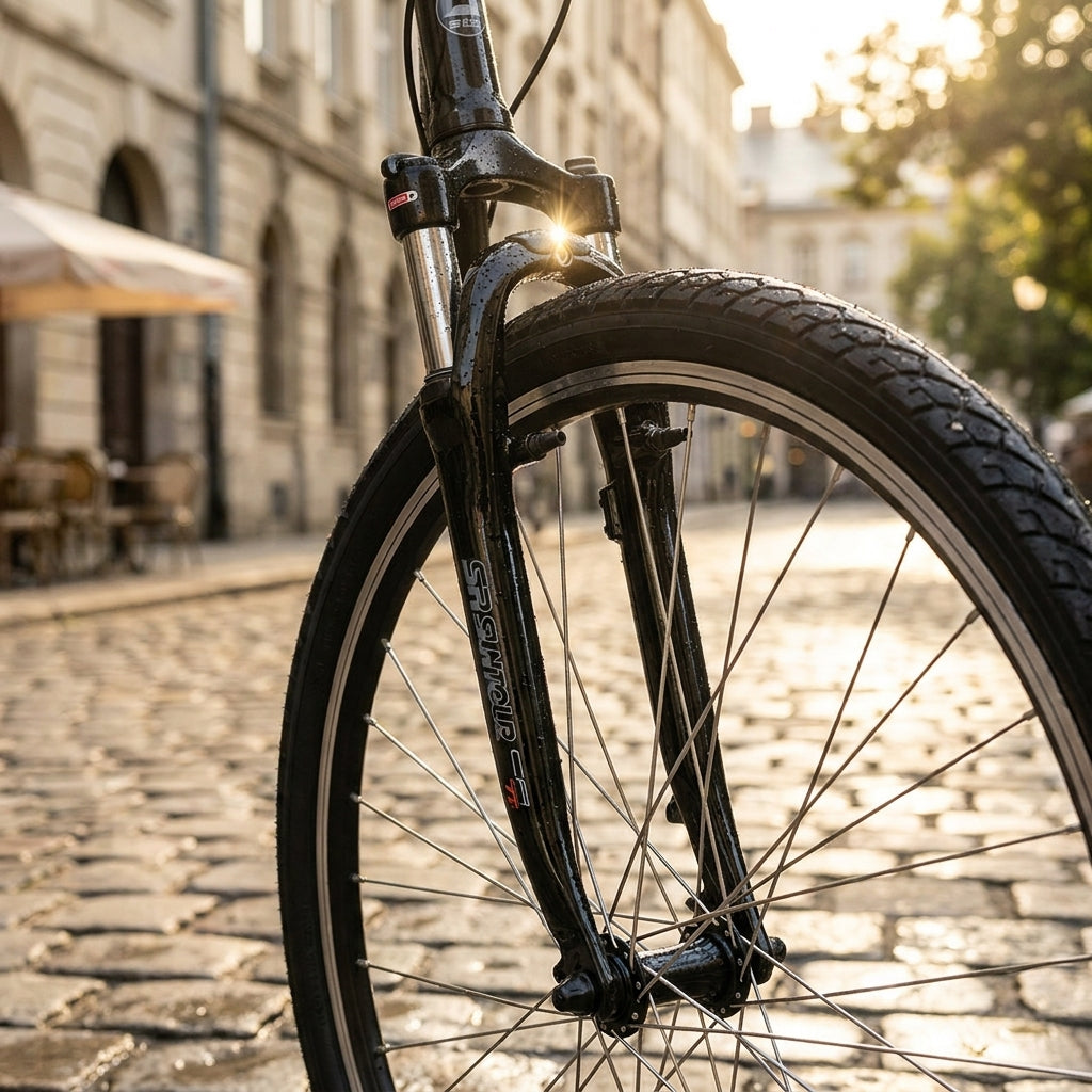 Schwarze SR Suntour SF13 CR-8V 26" A-Head Federgabel am Fahrrad auf Kopfsteinpflaster im Sonnenlicht.