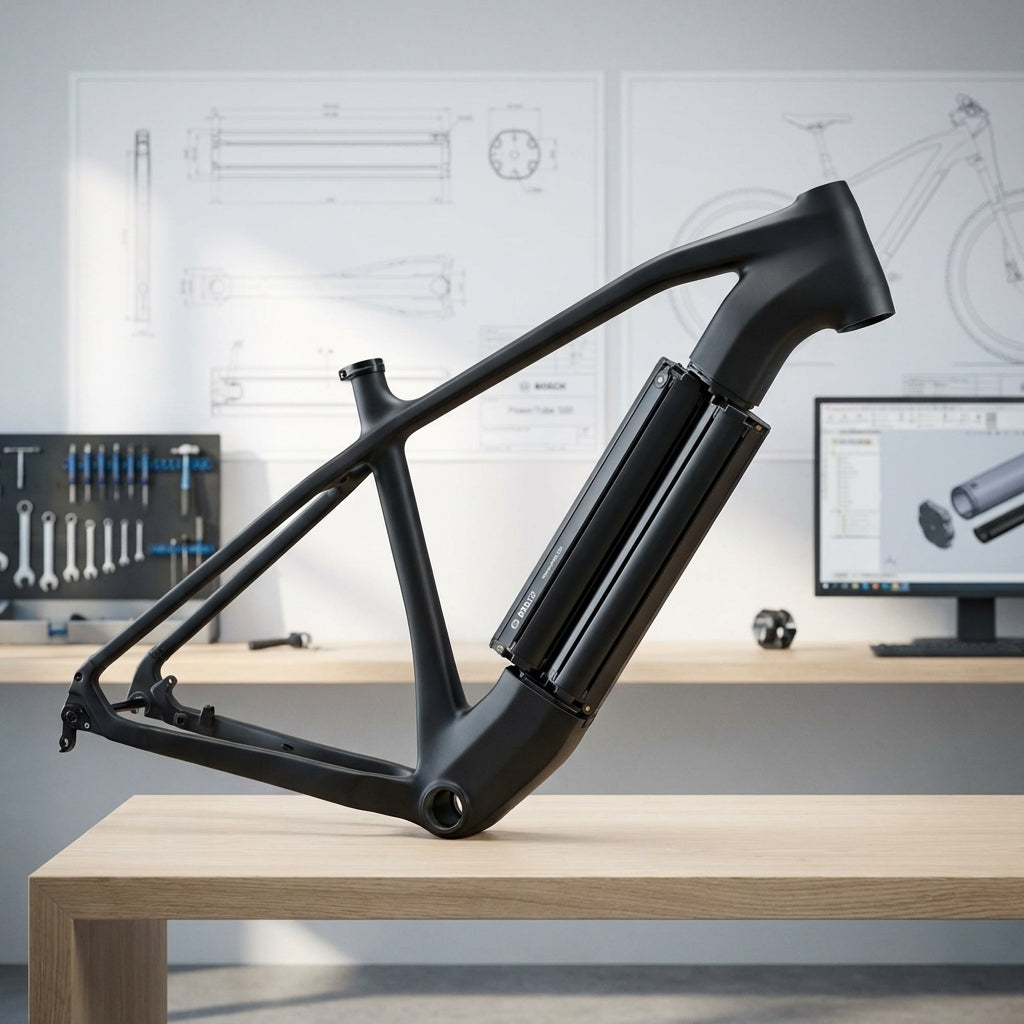 Schwarzer E-Bike-Rahmen mit integriertem Bosch Dummy PowerTube 500 horizontal. Perfekte Passform in PowerTube-Aufnahme.