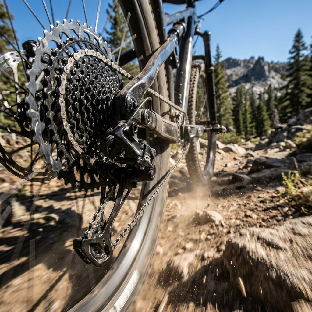 MTB-Hinterrad mit SRAM GX Eagle Schaltgruppe auf staubigem Trail, präzise Schaltperformance im Gelände.
