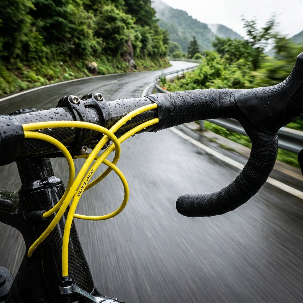 SHIMANO DURA-ACE polymerbeschichtetes Bremszug-Set gelb am Rennrad auf nasser, kurviger Bergstraße.