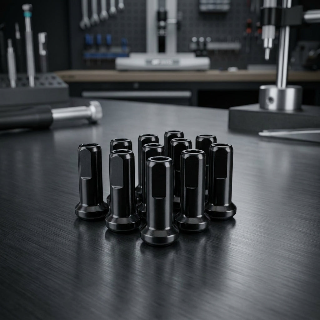 Schwarze DT Swiss 2.0 Aluminium 12mm Speichennippel für ultraleichte Laufräder auf Werkbank.