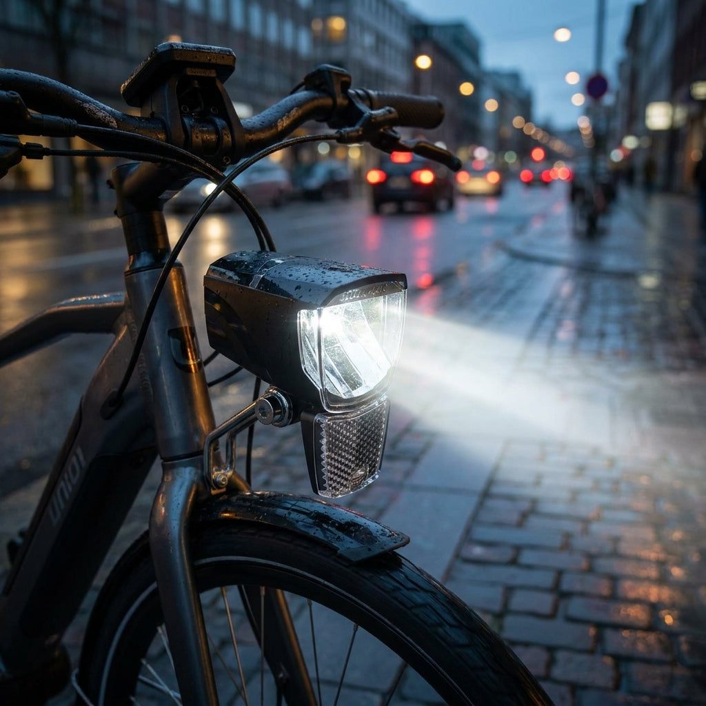 UNION E-Bikebeleuchtung vorn 50 Lux am E-Bike, leuchtend auf nasser Straße bei Dämmerung.
