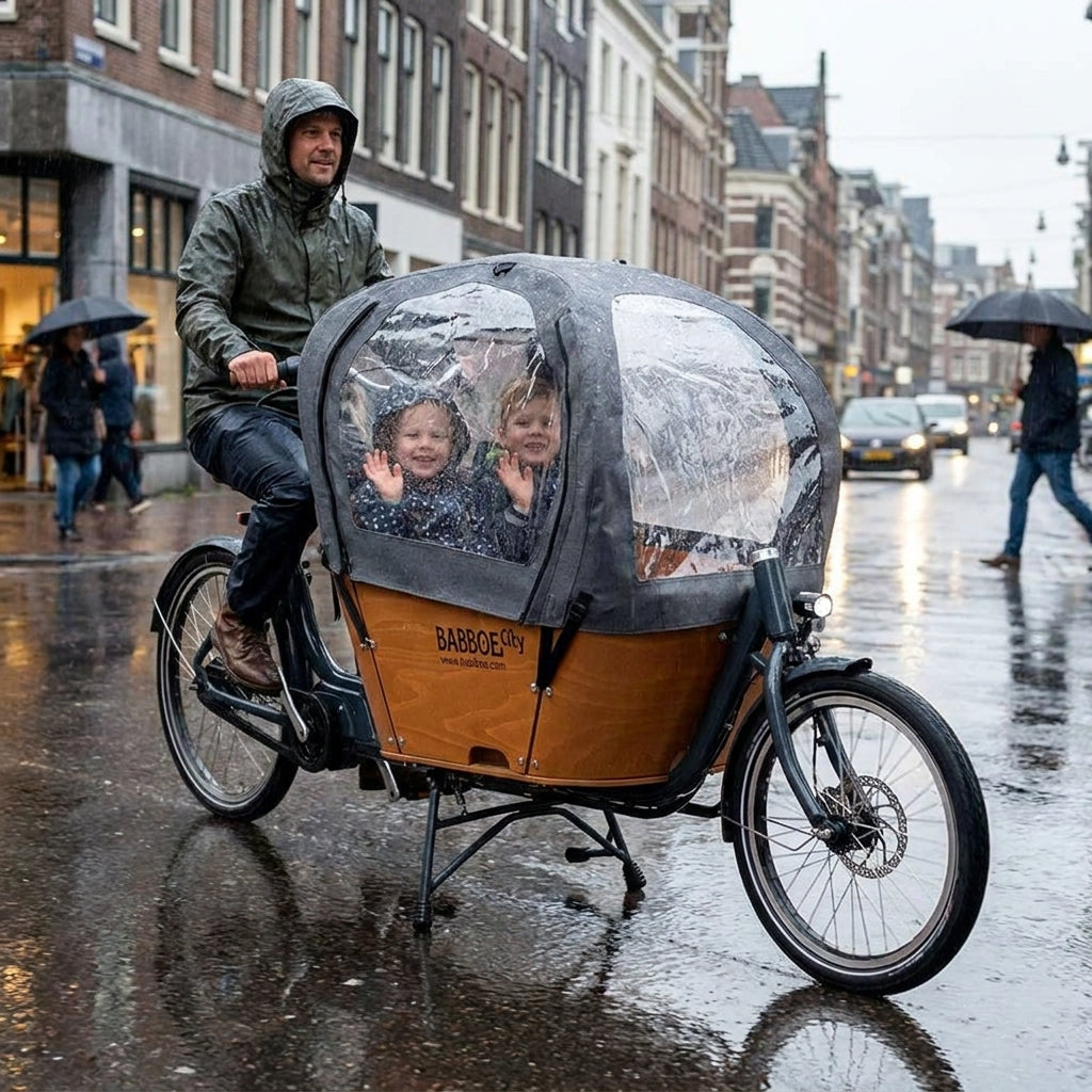 Babboe Regenverdeck grau für City Lastenrad aus Docril. Kinder im Trockenen bei Regenfahrt.