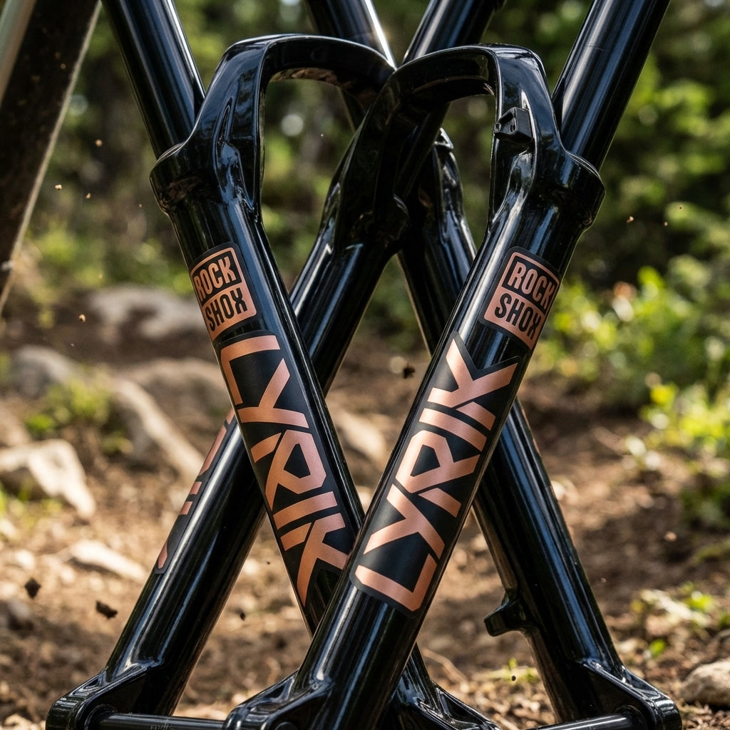 RockShox Lyrik Ultimate Gabel mit matten Kupfer-Decals auf glänzendem Schwarz, 27.5/29 Zoll für Mountainbikes.